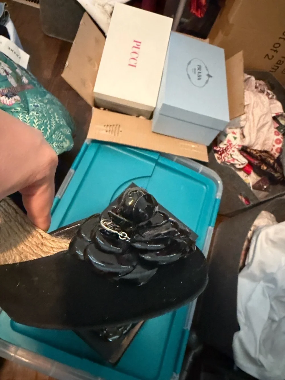 CHANEL Velvet Patent Camellia Espadrilles Wedge Sandals 37 Black